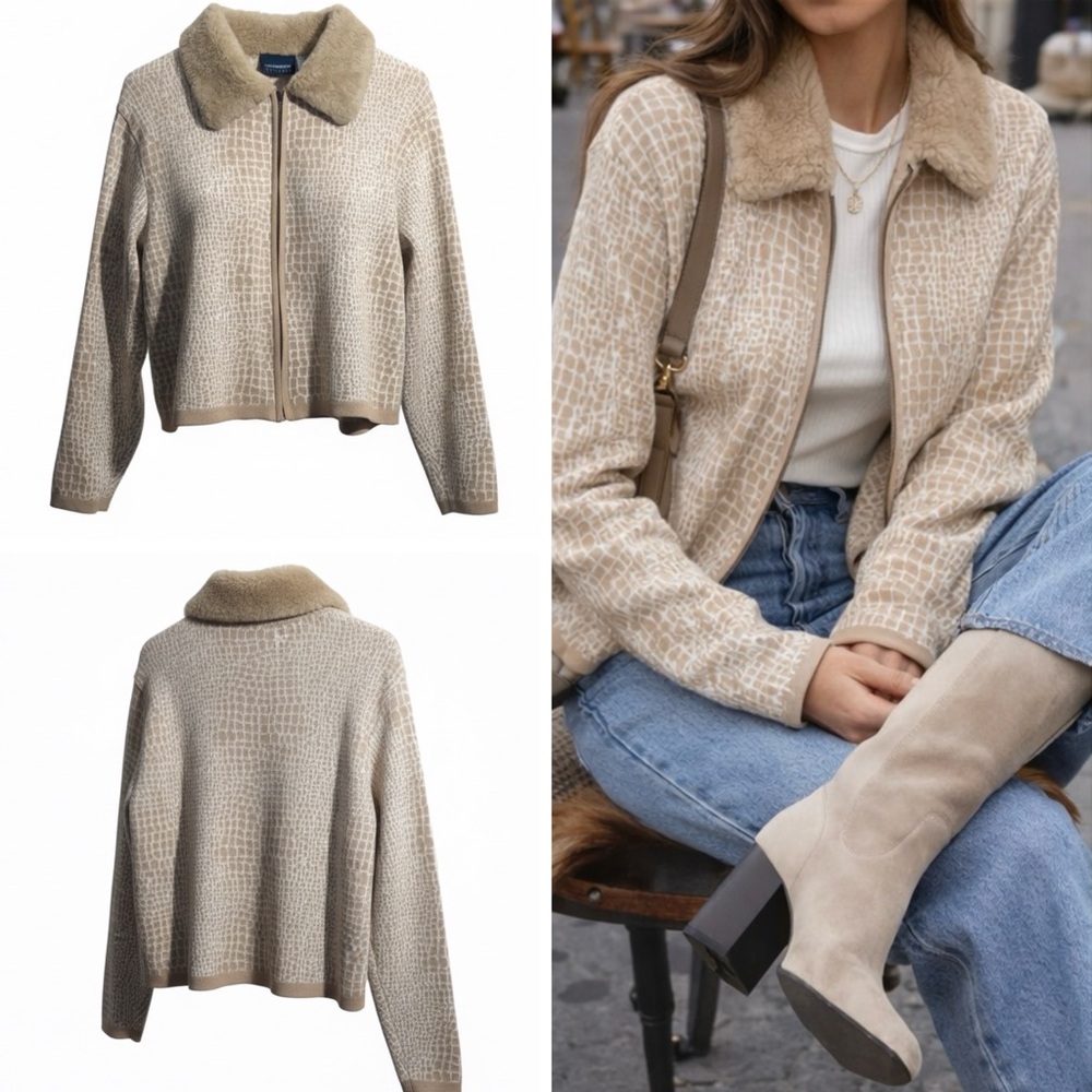Liz Claiborne LIZSPORT Zip Sweater Jacket Faux Fur Trim | Croc Pattern Size M